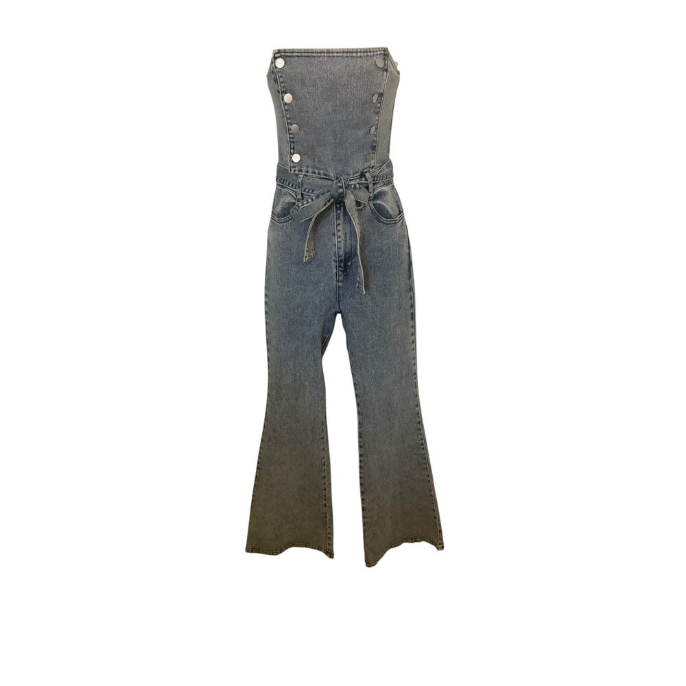 Blue Blush Jean Jumpsuit Strapless w/8 button Bodice Wide Leg S